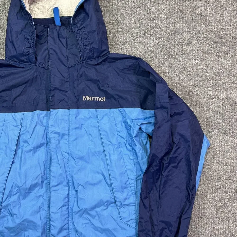 Marmot Jacket Kids XS Blue Colorblock Hooded Rain Coat Nylon Shell Lightweight